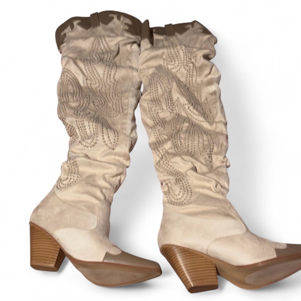 Iconic Country Western Thigh high Cowgirl Boots Cream Taupe Trim Size 9 - Picture 2 of 5